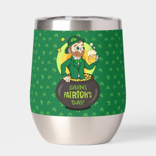 Cartoon leprechaun in a pot of gold holding a pint