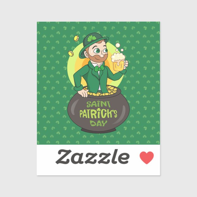 Cartoon leprechaun in a pot of gold holding a pint (Sheet)