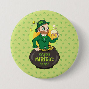 Cartoon leprechaun in a pot of gold holding a pint 7.5 cm round badge