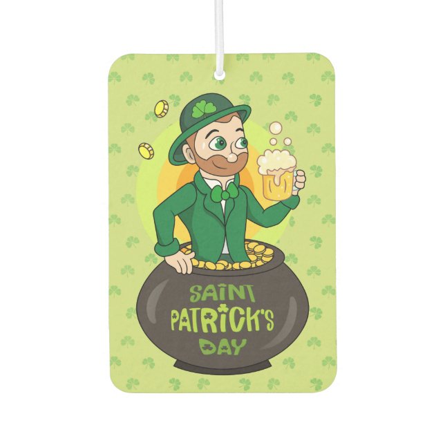 Cartoon leprechaun in a pot of gold holding a pint car air freshener (Front)