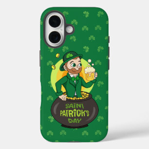 Cartoon leprechaun in a pot of gold holding a pint iPhone 16 case