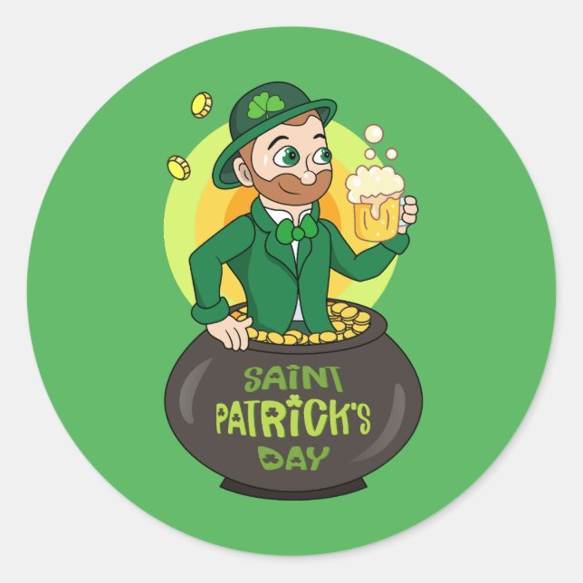 Cartoon leprechaun in a pot of gold holding a pint classic round sticker (Front)