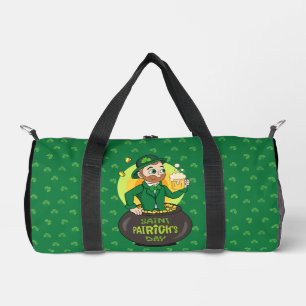 Cartoon leprechaun in a pot of gold holding a pint duffle bag