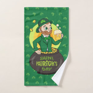 Cartoon leprechaun in a pot of gold holding a pint hand towel