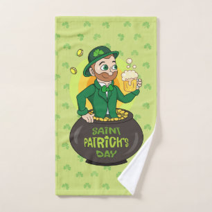 Cartoon leprechaun in a pot of gold holding a pint hand towel