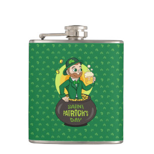 Cartoon leprechaun in a pot of gold holding a pint hip flask
