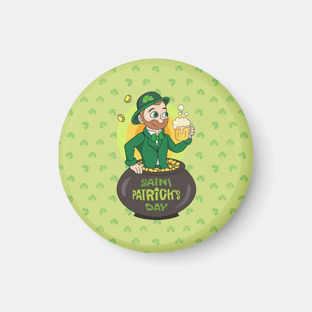 Cartoon leprechaun in a pot of gold holding a pint magnet (Front)