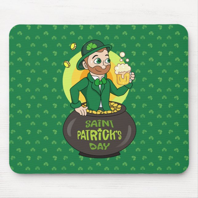 Cartoon leprechaun in a pot of gold holding a pint mouse pad (Front)
