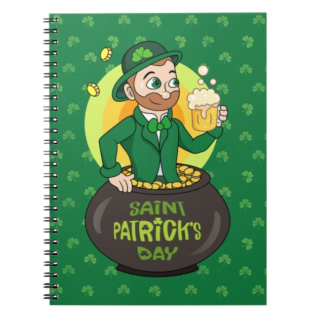 Cartoon leprechaun in a pot of gold holding a pint notebook (Front)