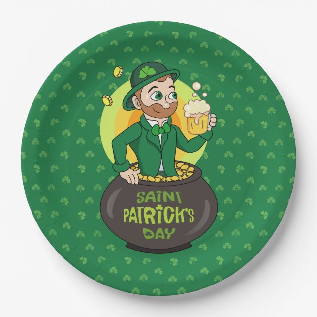 Cartoon leprechaun in a pot of gold holding a pint paper plate (Front)