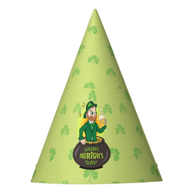 Cartoon leprechaun in a pot of gold holding a pint party hat (Front)