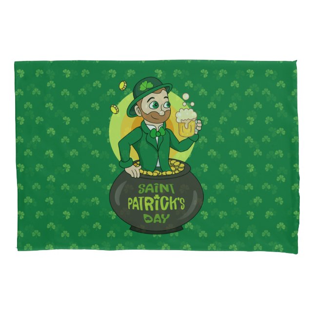 Cartoon leprechaun in a pot of gold holding a pint pillowcase (Front)