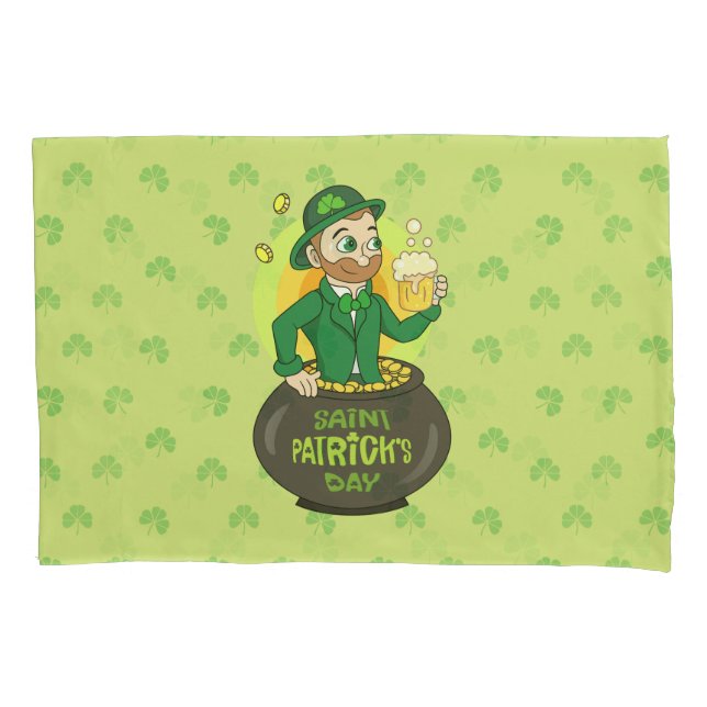Cartoon leprechaun in a pot of gold holding a pint pillowcase (Front)