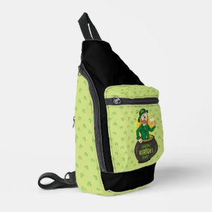 Cartoon leprechaun in a pot of gold holding a pint sling bag