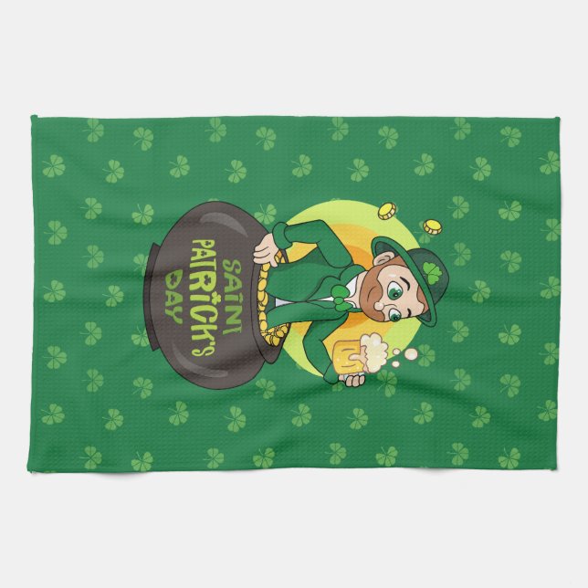 Cartoon leprechaun in a pot of gold holding a pint tea towel (Horizontal)