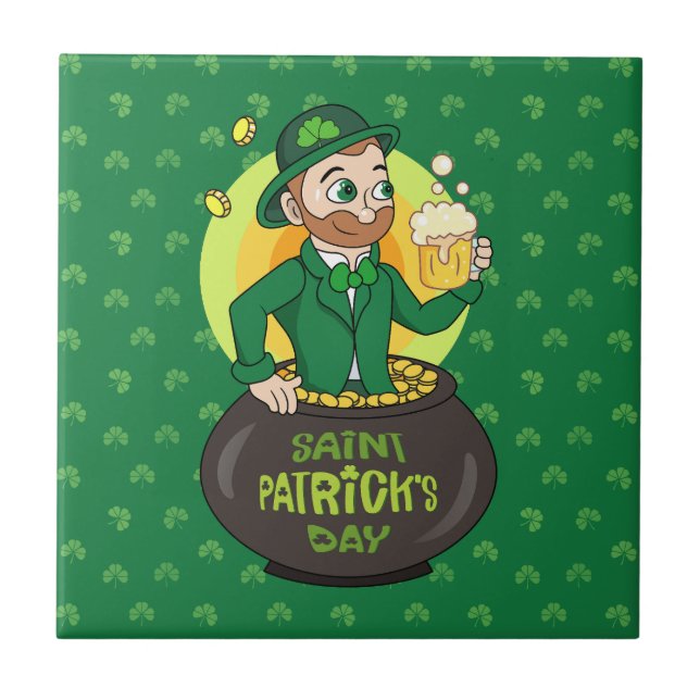 Cartoon leprechaun in a pot of gold holding a pint tile (Front)