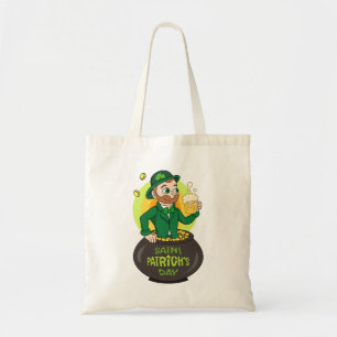 Cartoon leprechaun in a pot of gold holding a pint tote bag