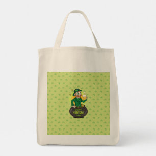 Cartoon leprechaun in a pot of gold holding a pint tote bag