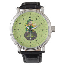 Cartoon leprechaun in a pot of gold holding a pint