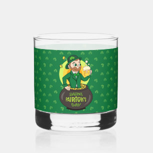 Cartoon leprechaun in a pot of gold holding a pint whiskey glass