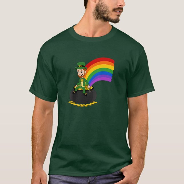 Cartoon leprechaun sitting on a pot of gold T-Shirt (Front)