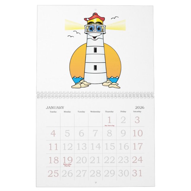 Cartoon Lighthouse Calendar (Jan 2026)