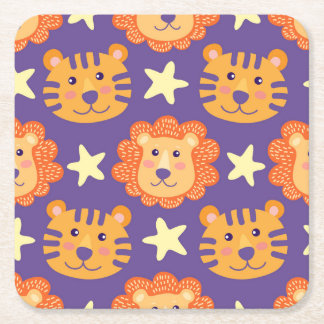 Cartoon Lions & Tigers: Vintage Square Paper Coaster
