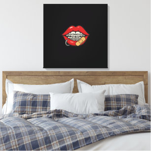 Cartoon Lips Sticker with Braces & Piercing Canvas Print