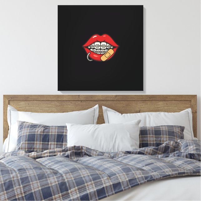 Cartoon Lips Sticker with Braces & Piercing Canvas Print (Insitu(Bedroom))