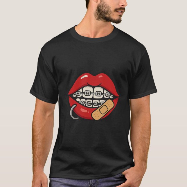 Cartoon Lips Sticker with Braces & Piercing T-Shirt (Front)