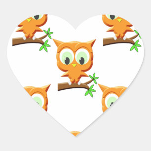 Cartoon Little Owl On Branch Pattern Heart Sticker