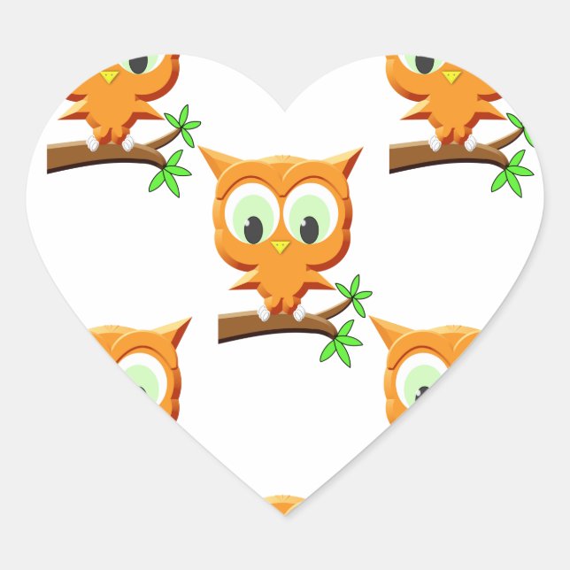 Cartoon Little Owl On Branch Pattern Heart Sticker (Front)