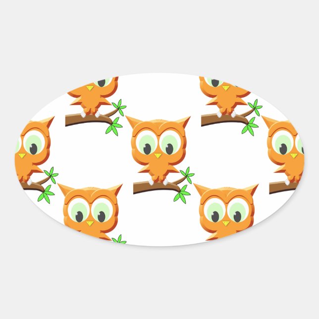Cartoon Little Owl On Branch Pattern Oval Sticker (Front)