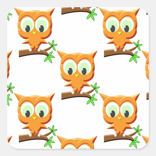 Cartoon Little Owl On Branch Pattern Square Sticker (Front)