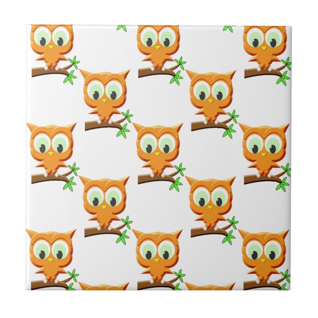 Cartoon Little Owl On Branch Pattern Tile (Front)