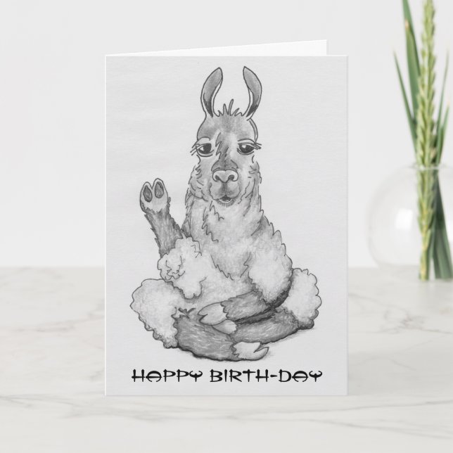 Cartoon llama doing yoga, caption: Happy Birth-day Card (Front)