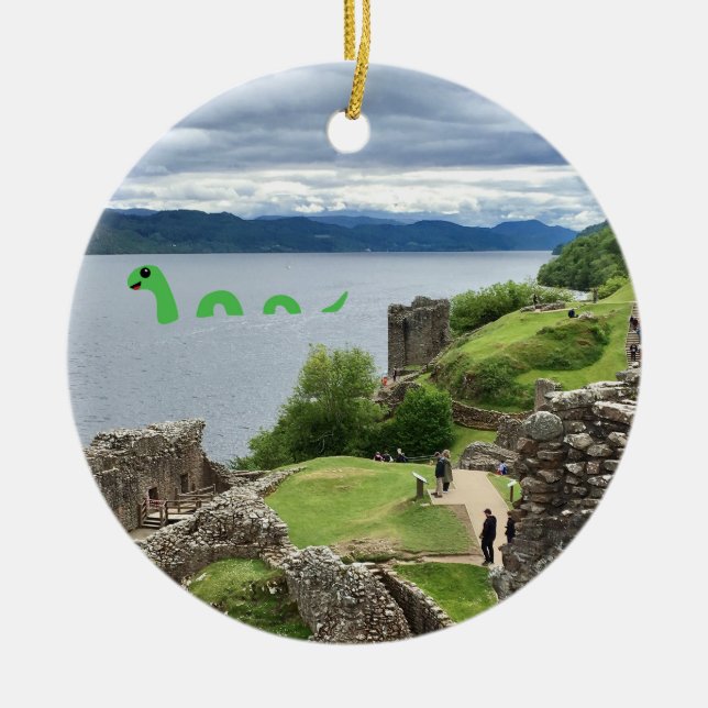 Cartoon Loch Ness Monster Urquhart Castle Funny Ceramic Tree Decoration (Front)