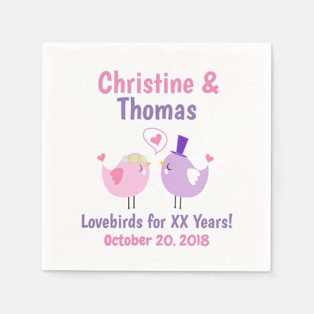 Cartoon Lovebirds Milestone Anniversary Napkin (Front)