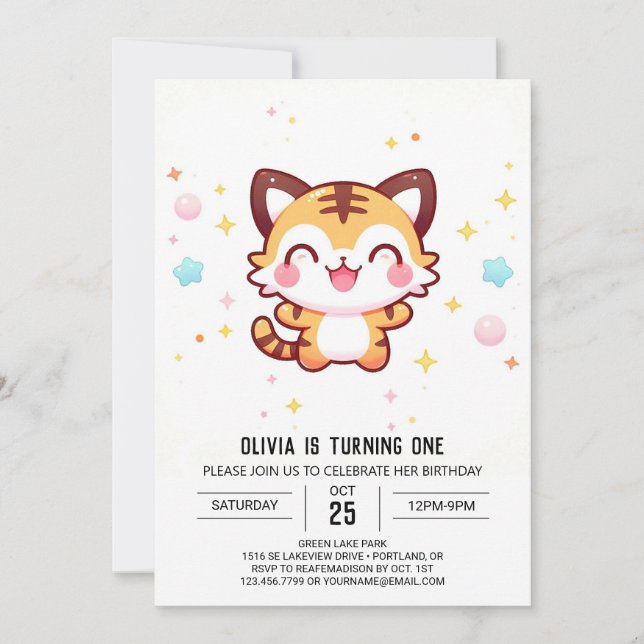 Cartoon Magical Tiger 1st Birthday Invitation (Front)