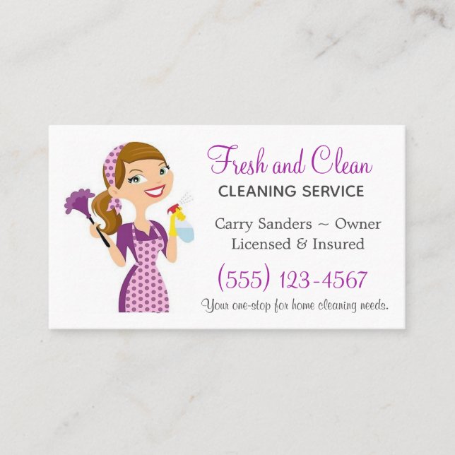 Cartoon Maid House Cleaning Service Business Card (Front)