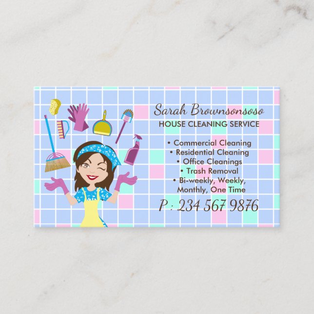 Cartoon Maid House Cleaning Service Tiles Home Business Card (Front)