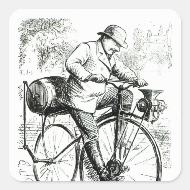 Cartoon making fun of the early days of Bicycles Square Sticker (Front)