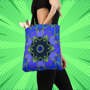 Cartoon Mandala Blue Green and Black Tote Bag