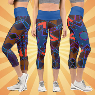 Cartoon Mandala Blue Orange and Purple Capri Leggings
