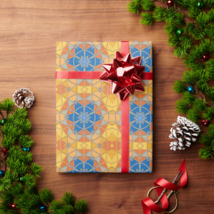 Cartoon Mandala Blue Orange and Yellow Wrapping Paper