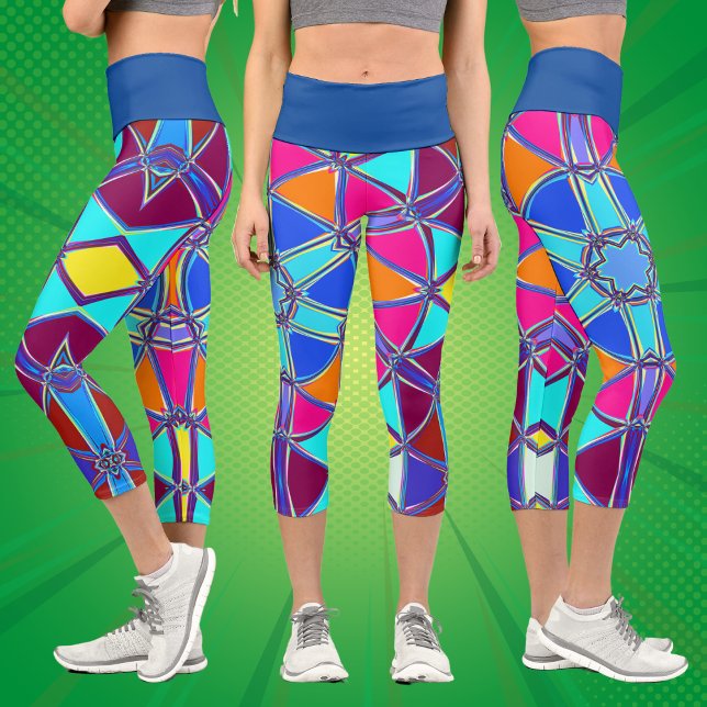 Cartoon Mandala Blue Pink Yellow and Orange Capri Leggings (Creator Uploaded)