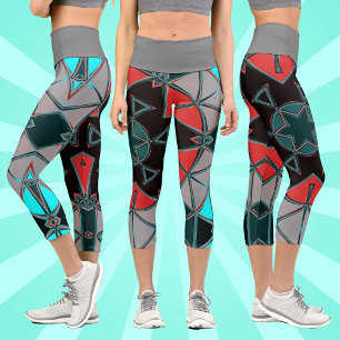 Cartoon Mandala Blue Red and Black Capri Leggings