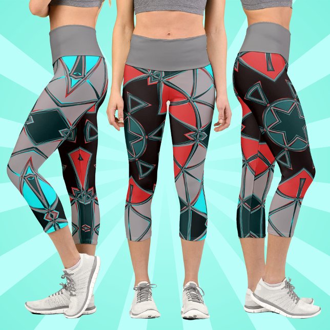 Cartoon Mandala Blue Red and Black Capri Leggings (Creator Uploaded)