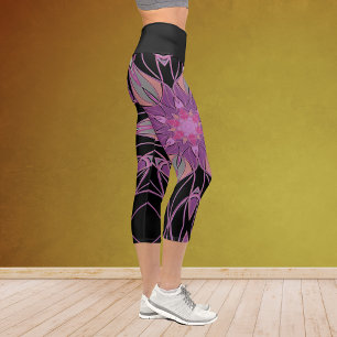 Cartoon Mandala Flower Black Purple an Pink Capri Leggings