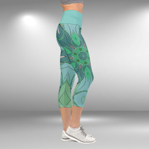 Cartoon Mandala Flower Blue and Green Capri Leggings